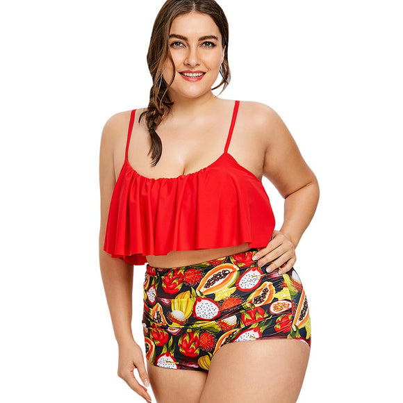 Plus Size Fruit Print Flounce Swimsuit