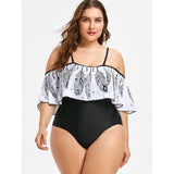 Plus Size Feather Printed Open Shoulder Swimsuit