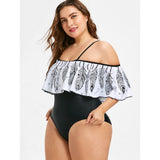 Plus Size Feather Printed Open Shoulder Swimsuit