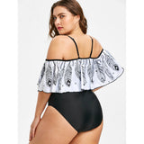 Plus Size Feather Printed Open Shoulder Swimsuit