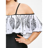 Plus Size Feather Printed Open Shoulder Swimsuit