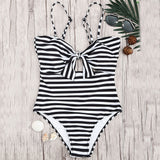 New Style Striped Knot Front Cutout One Piece Swimsuit